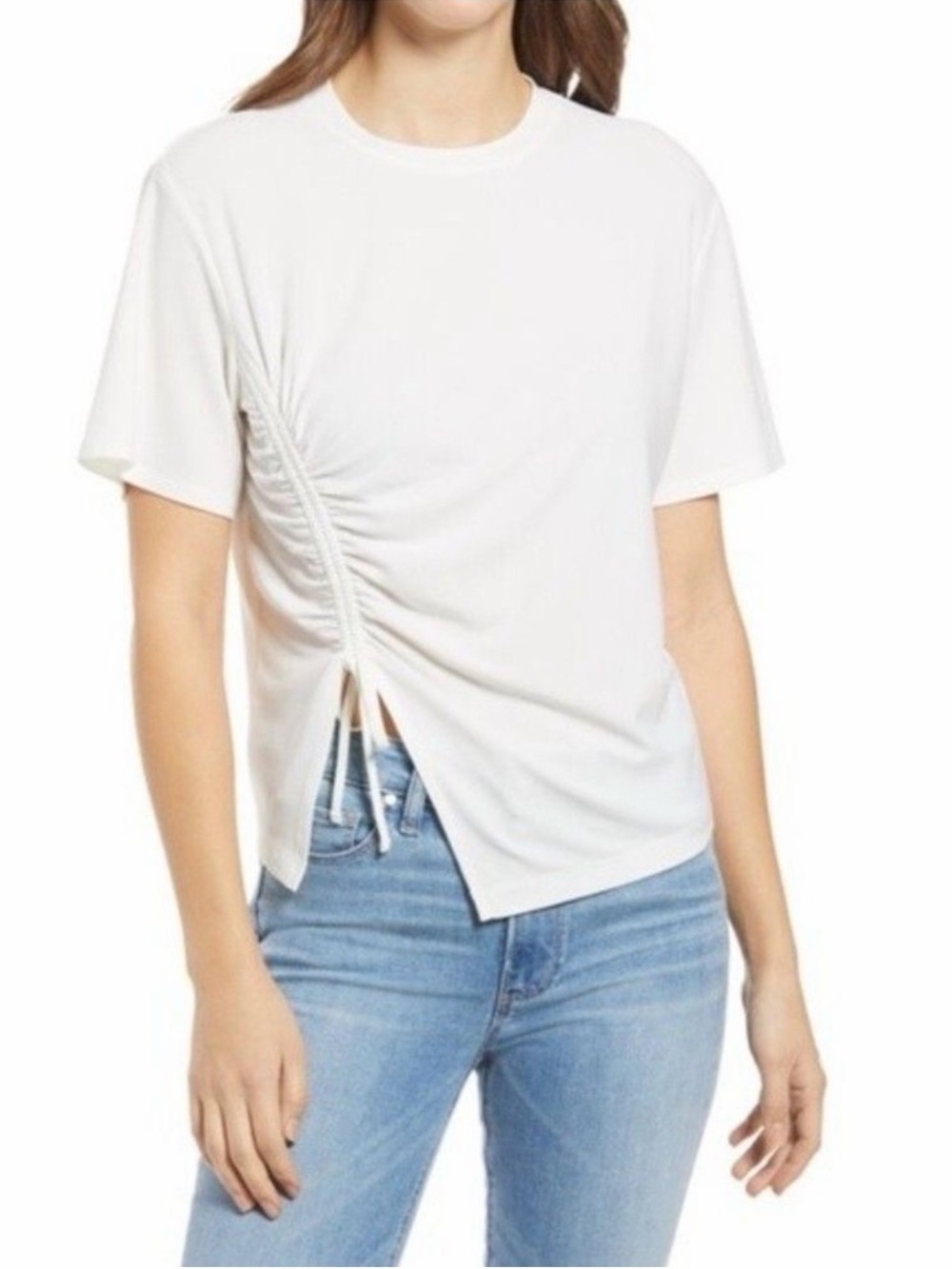 White Ruched Asymmetric Tie Top Blouse L Nordstrom Ivory Drape Shirt Crew NWT